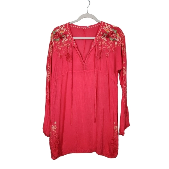 Johnny Was Orange Coral Roses Floral  Embroidered Tunic Blouse Women's Medium - Picture 1 of 12